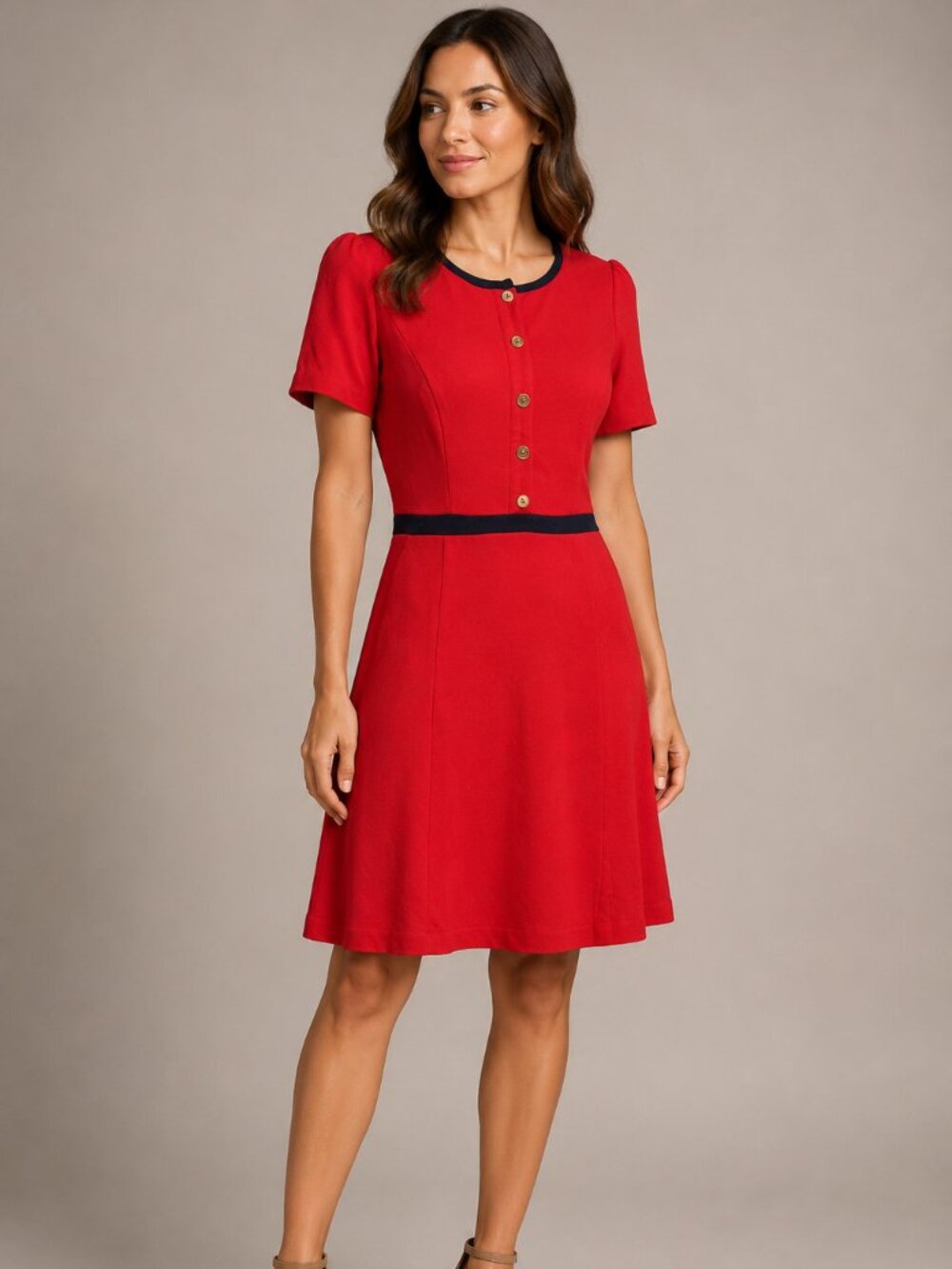 Boden Red Fit & Flare Dress 2R Navy Trim Button Front Preppy